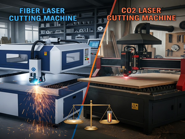 Visual comparison of Fiber Laser (compact, high efficiency) and CO2 Laser (large footprint, low efficiency)